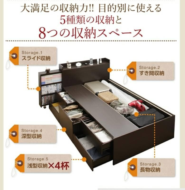 フレームのみ ダブル ５杯収納 チェストベッド ダークブラウン 6-14