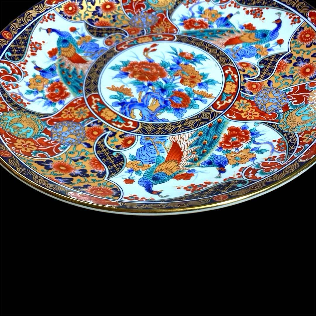 【希少】有田焼 丸五謹製 孔雀牡丹紋 48cm 特大 飾り皿 大皿 金彩 花鳥絵