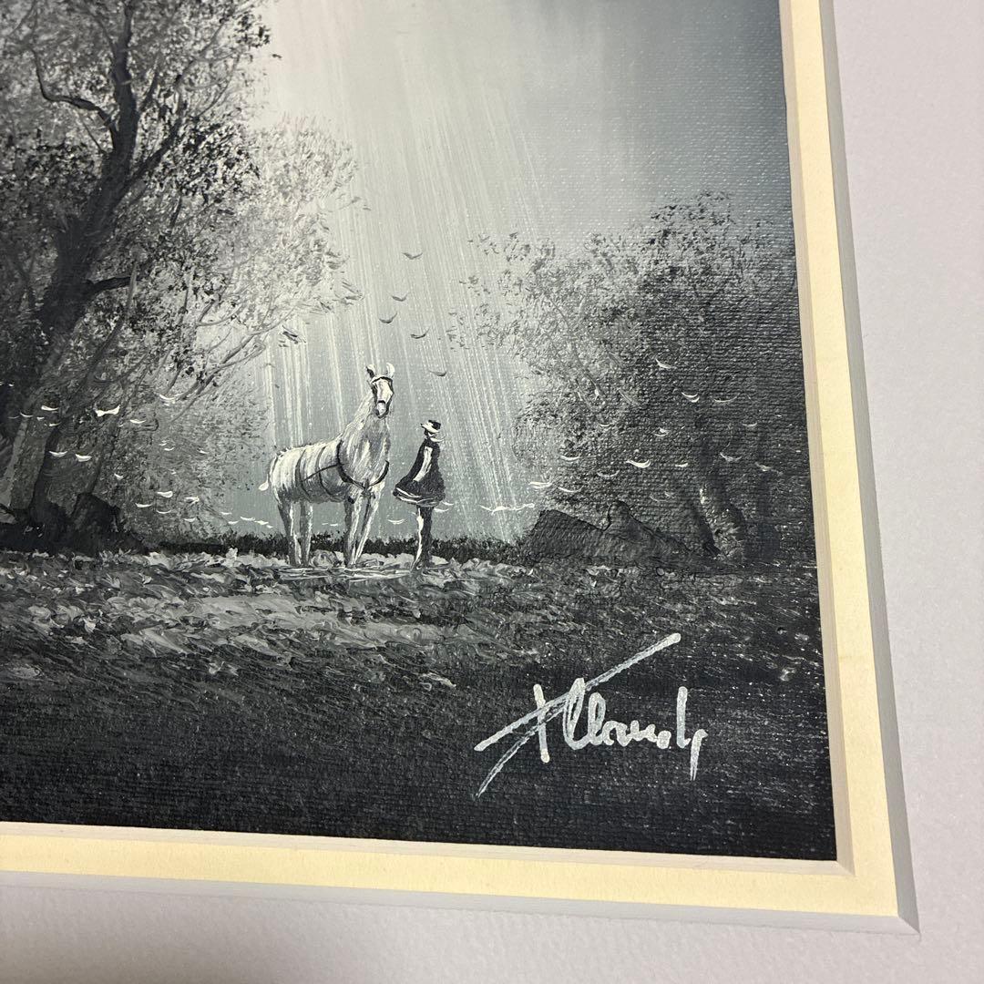 フランス　クロード•パトリック　油絵　幻想的　森の中の白馬と少女