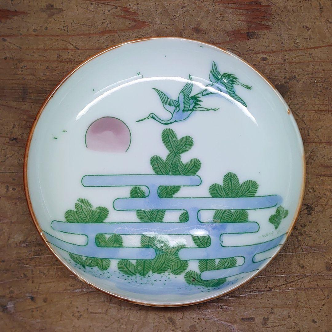 昔のお皿3枚セット 「Aけ2 レトロ 鶴 印判 明治 大正 昭和 江戸骨董」