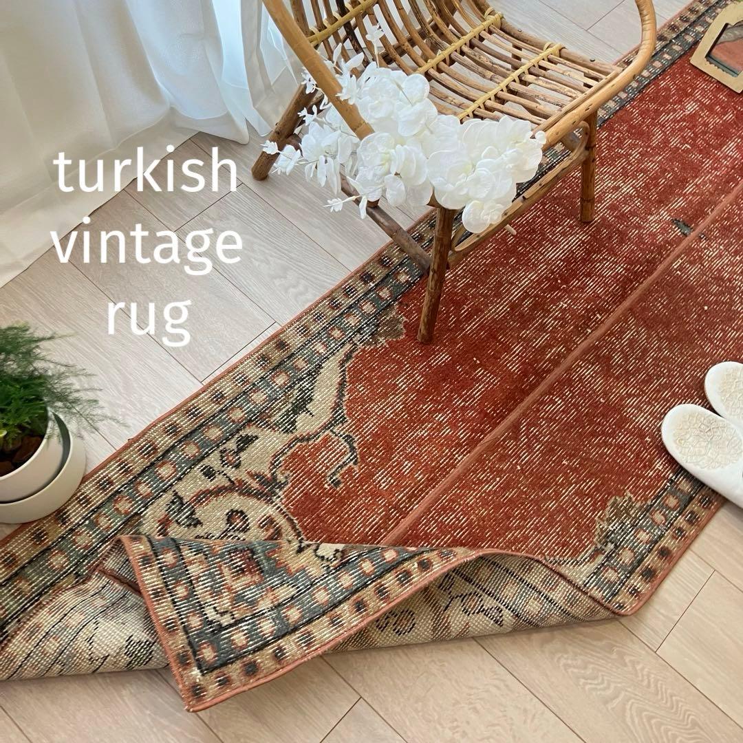 オレンジ✳︎65×187 ブルー　パッチワークランナー　トルコヴィンテージラグ