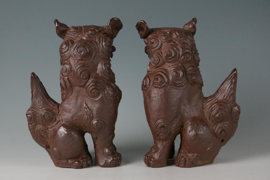 人間国宝一門　金城敏徳 作　南蛮焼〆立シーサー（大）1対