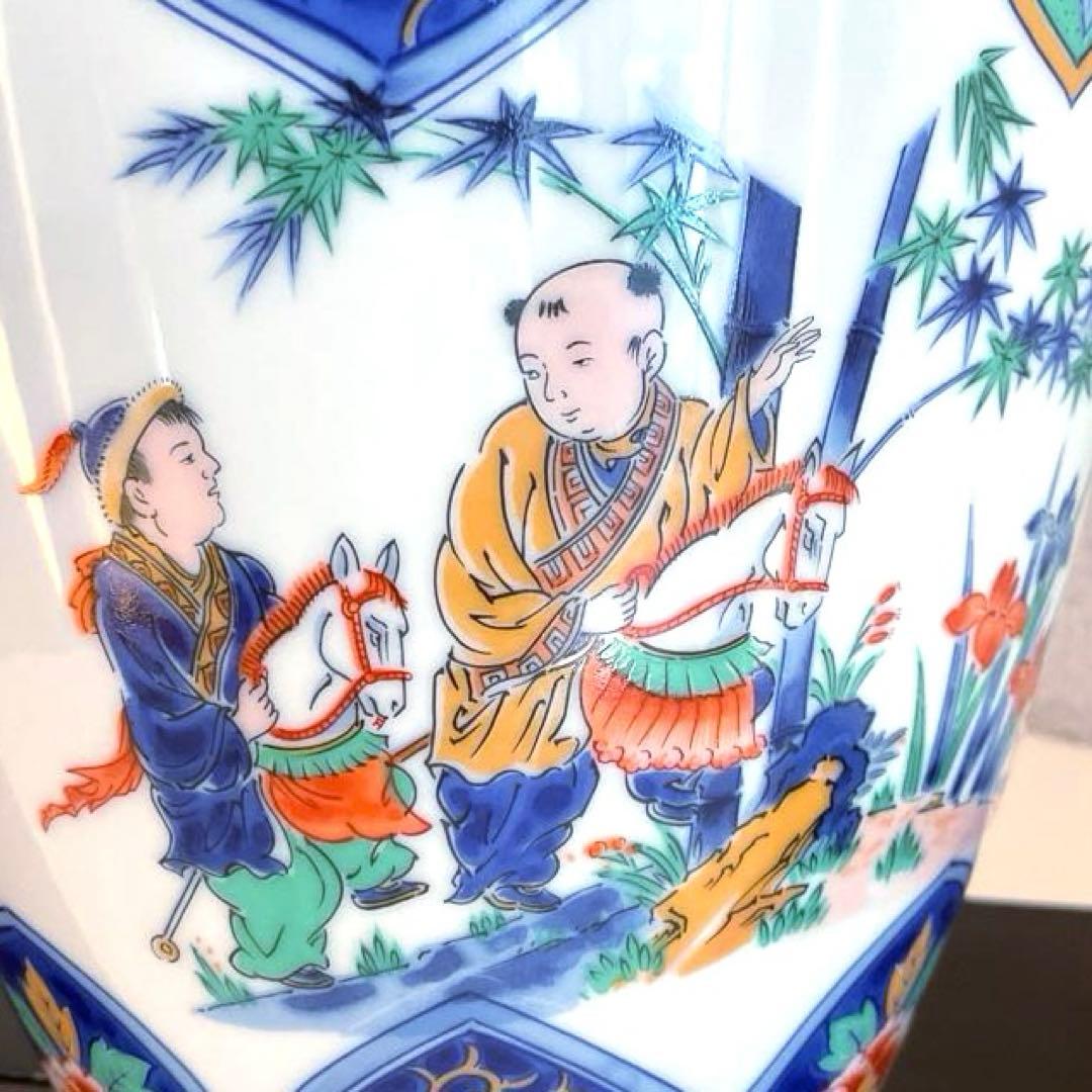 【新品】若山窯　唐絵柄陶器花びん 昭和レトロ 唐絵 骨董 手描き花瓶 置物