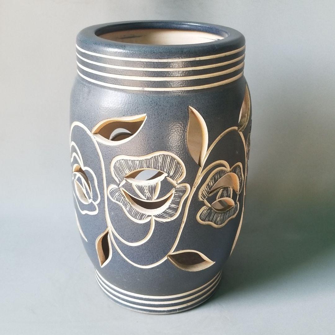 信楽焼傘立て 樽型青いらぼばら 信楽焼 高さ４７cm