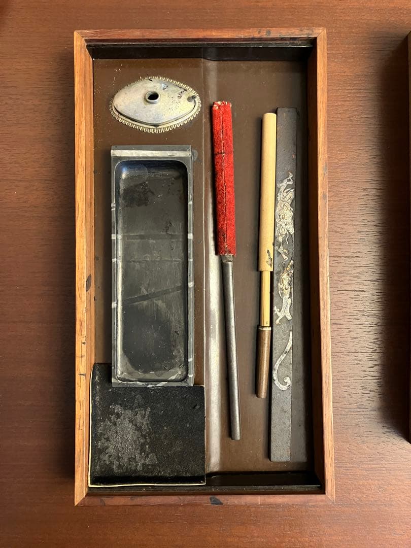 文房具箱　木製小棚　硯　文鎮　朱肉　道具箱