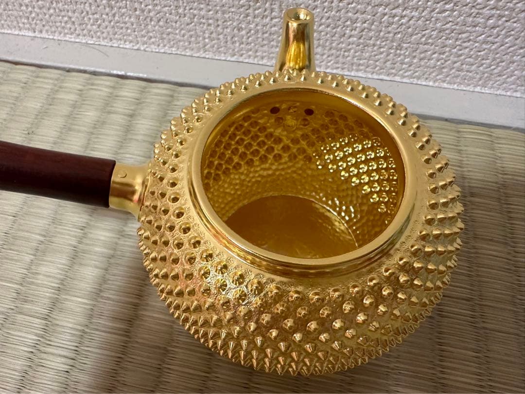 純銀製 玉霰打出 金メッキ 花蕾摘 横手急須 銀瓶 煎茶道具